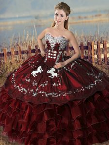  Burgundy Quinceanera Gown Sweet 16 and Quinceanera with Embroidery and Ruffles Sweetheart Sleeveless Lace Up