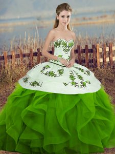Glittering Sweetheart Sleeveless Quinceanera Dresses Floor Length Embroidery and Ruffles and Bowknot Green Tulle