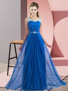 Most Popular Blue Empire Scoop Sleeveless Chiffon Floor Length Lace Up Beading Quinceanera Dama Dress