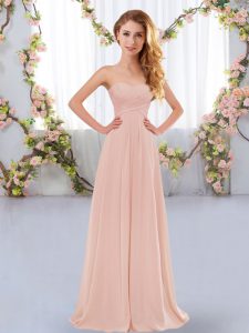 Cheap Pink Chiffon Lace Up Dama Dress for Quinceanera Sleeveless Floor Length Ruching