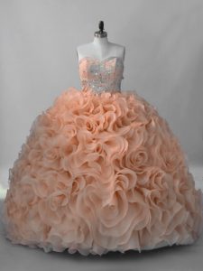  Brush Train Ball Gowns Sweet 16 Quinceanera Dress Peach Sweetheart Fabric With Rolling Flowers Sleeveless Lace Up