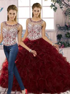 Admirable Beading and Ruffles Sweet 16 Dress Burgundy Lace Up Sleeveless Floor Length