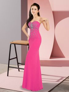  Sleeveless Floor Length Beading Zipper Evening Dress with Hot Pink