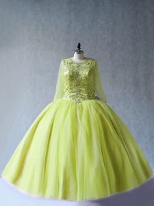 Decent Yellow Green Tulle Lace Up Quinceanera Dresses Long Sleeves Floor Length Beading