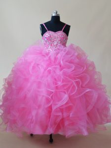  Floor Length Ball Gowns Sleeveless Rose Pink Pageant Gowns For Girls Lace Up