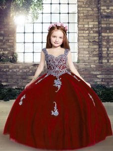 Lovely Tulle Straps Sleeveless Lace Up Appliques Pageant Gowns For Girls in Red