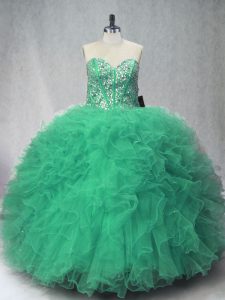 Glamorous Green Lace Up Sweetheart Beading and Ruffles 15th Birthday Dress Tulle Sleeveless