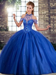 Dazzling Royal Blue Tulle Lace Up Quinceanera Gown Sleeveless Brush Train Beading