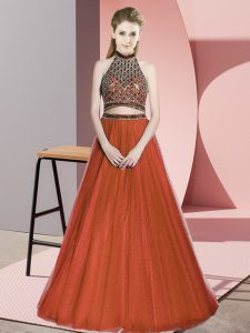  Sleeveless Floor Length Beading Lace Up with Rust Red