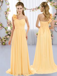 Elegant Gold Dama Dress for Quinceanera Wedding Party with Hand Made Flower One Shoulder Sleeveless Brush Train Lace Up