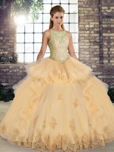 Amazing Champagne Tulle Lace Up Scoop Sleeveless Floor Length 15 Quinceanera Dress Lace and Embroidery and Ruffles