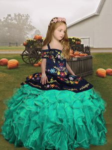 Excellent Turquoise Ball Gowns Embroidery Kids Pageant Dress Lace Up Organza Sleeveless Floor Length