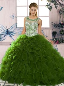 Gorgeous Green Sleeveless Organza Lace Up Ball Gown Prom Dress for Military Ball and Sweet 16 and Quinceanera