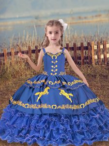  Blue Ball Gowns Organza Straps Sleeveless Beading and Embroidery and Ruffled Layers Floor Length Lace Up Kids Formal Wear