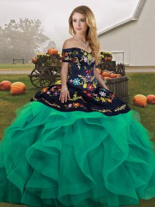 Super Turquoise Ball Gowns Embroidery and Ruffles Sweet 16 Dress Lace Up Tulle Sleeveless Floor Length