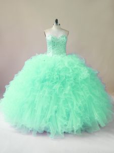  Apple Green Tulle Lace Up Quinceanera Gown Sleeveless Floor Length Beading and Ruffles