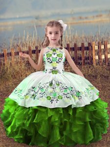 Elegant Green Sleeveless Floor Length Embroidery and Ruffles Lace Up Little Girls Pageant Gowns