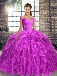  Lilac Ball Gowns Organza Off The Shoulder Sleeveless Beading and Ruffles Lace Up 15th Birthday Dress Brush Train