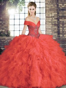Fantastic Coral Red Ball Gown Prom Dress Military Ball and Sweet 16 and Quinceanera with Beading and Ruffles Off The Shoulder Sleeveless Lace Up