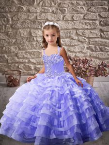 Graceful Lavender Ball Gowns Straps Sleeveless Organza Floor Length Lace Up Ruffled Layers Little Girl Pageant Gowns