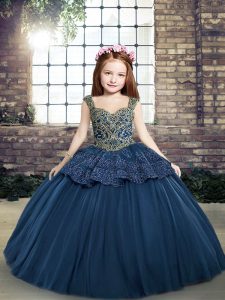 Beauteous Tulle Straps Sleeveless Lace Up Beading and Appliques Little Girl Pageant Dress in Navy Blue