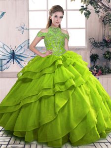 Edgy Sleeveless Floor Length Beading and Ruffled Layers Lace Up Quinceanera Gown with Olive Green
