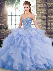 Hot Sale Lavender Quinceanera Dress Military Ball and Sweet 16 and Quinceanera with Beading and Ruffles Sweetheart Sleeveless Brush Train Lace Up