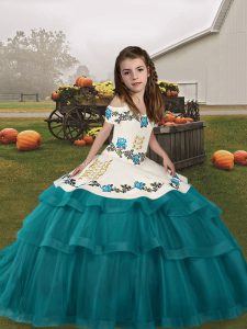  Teal Lace Up Little Girl Pageant Dress Embroidery and Ruffled Layers Sleeveless Floor Length