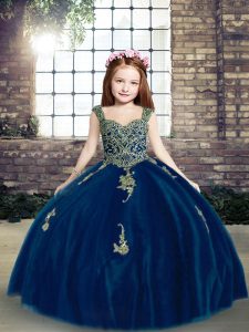  Blue Straps Neckline Appliques Pageant Gowns For Girls Sleeveless Lace Up