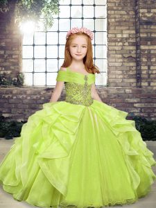  Floor Length Lace Up Little Girl Pageant Dress Yellow Green for Party and Wedding Party with Beading and Ruffles