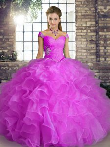 Elegant Sleeveless Organza Floor Length Lace Up 15 Quinceanera Dress in Lilac with Beading and Ruffles