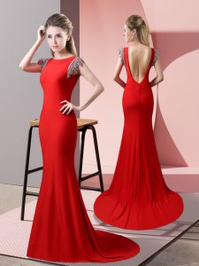 New Style Red Short Sleeves Elastic Woven Satin Brush Train Backless Prom Gown for Prom and Party