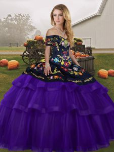 Ideal Black And Purple Sleeveless Embroidery and Ruffled Layers Lace Up 15 Quinceanera Dress