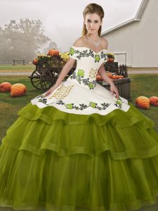 Exceptional Olive Green Ball Gown Prom Dress Military Ball and Sweet 16 and Quinceanera with Embroidery and Ruffled Layers Off The Shoulder Sleeveless Brush Train Lace Up