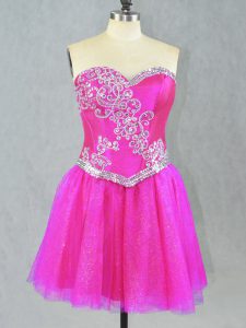 Ideal Sleeveless Mini Length Beading Lace Up Prom Dresses with Fuchsia