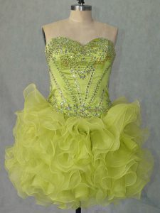 Vintage Yellow Green Ball Gowns Sweetheart Sleeveless Organza Mini Length Lace Up Beading and Ruffles Prom Party Dress