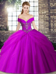 Hot Selling Purple Sweet 16 Dress Tulle Brush Train Sleeveless Beading and Pick Ups