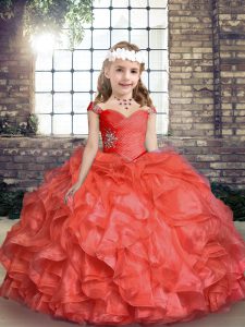  Coral Red Sleeveless Organza Lace Up Little Girls Pageant Dress Wholesale for Party and Sweet 16 and Wedding Party