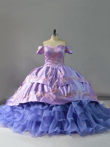  Lavender Ball Gowns Embroidery and Ruffles Quince Ball Gowns Lace Up Organza Sleeveless