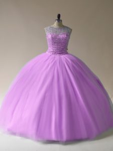Fashionable Organza Scoop Sleeveless Lace Up Beading 15th Birthday Dress in Lilac