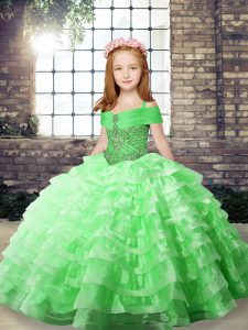  Lace Up Pageant Gowns For Girls Beading and Ruffled Layers Sleeveless Brush Train