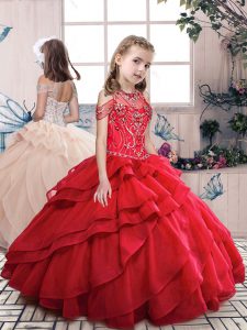 Fancy Ball Gowns Child Pageant Dress Red Halter Top Organza Sleeveless Floor Length Lace Up