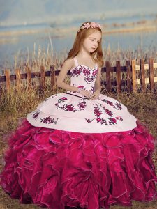  Floor Length Hot Pink Pageant Gowns For Girls Organza Sleeveless Embroidery and Ruffles