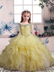  Yellow Lace Up Girls Pageant Dresses Beading and Ruffles Sleeveless Floor Length