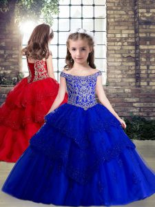  Royal Blue Ball Gowns Off The Shoulder Sleeveless Beading and Appliques Floor Length Lace Up Little Girl Pageant Dress