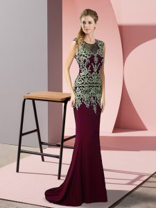 Edgy Sleeveless Satin Sweep Train Zipper Dress for Prom in Burgundy with Appliques