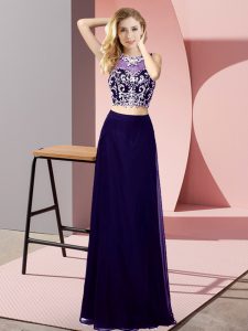Fabulous Purple Chiffon Backless Scoop Sleeveless Floor Length Prom Dress Beading