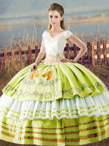 Floor Length Yellow Green Quinceanera Dresses Satin Sleeveless Embroidery and Ruffled Layers