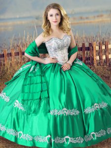 Hot Sale Turquoise Satin Lace Up Sweetheart Sleeveless Floor Length Sweet 16 Quinceanera Dress Beading and Embroidery