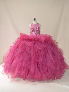 Hot Selling Burgundy Lace Up Scoop Beading and Ruffles 15 Quinceanera Dress Tulle Sleeveless Brush Train